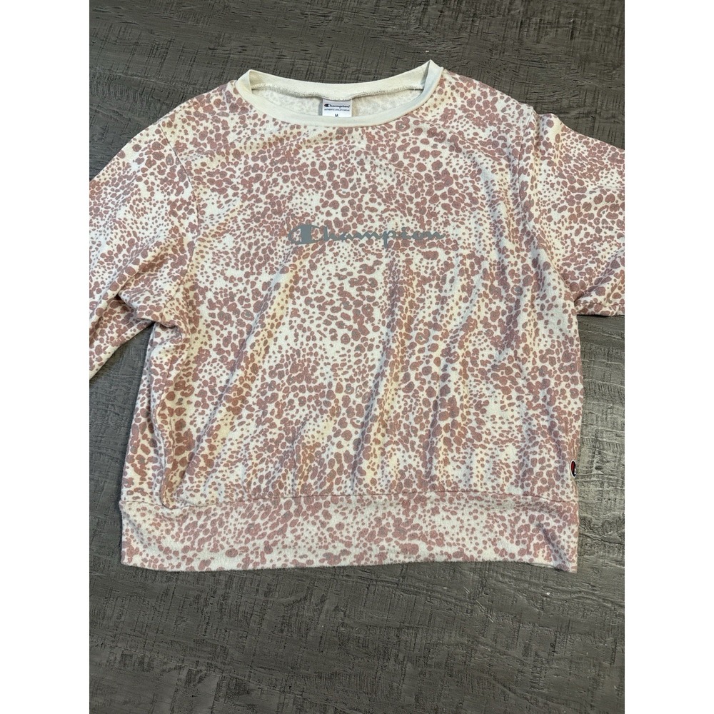 Champion Women's Sweatshirt M Pink Animal Print Leopard Crewneck Long Sleeve‎